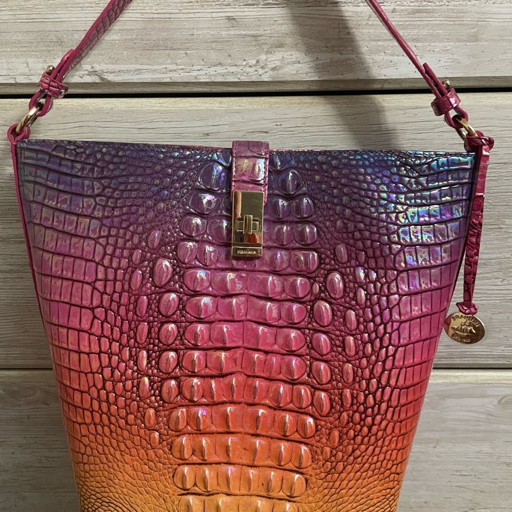 Brahmin Pink and Purple Bag with Crocodile Texture.